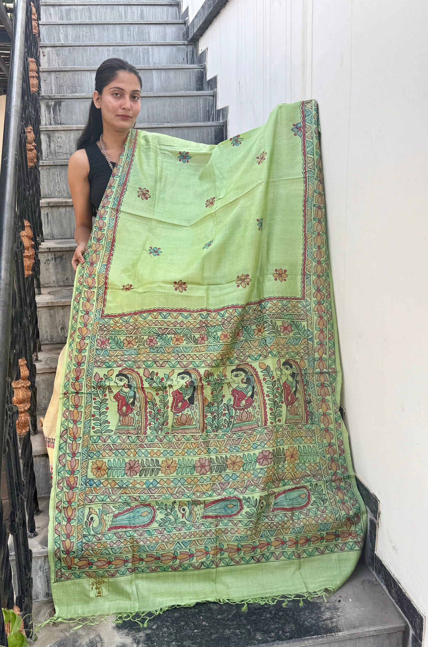 Designer Madhubani Hand Painted Kosa Silk Dupatta from Bihar