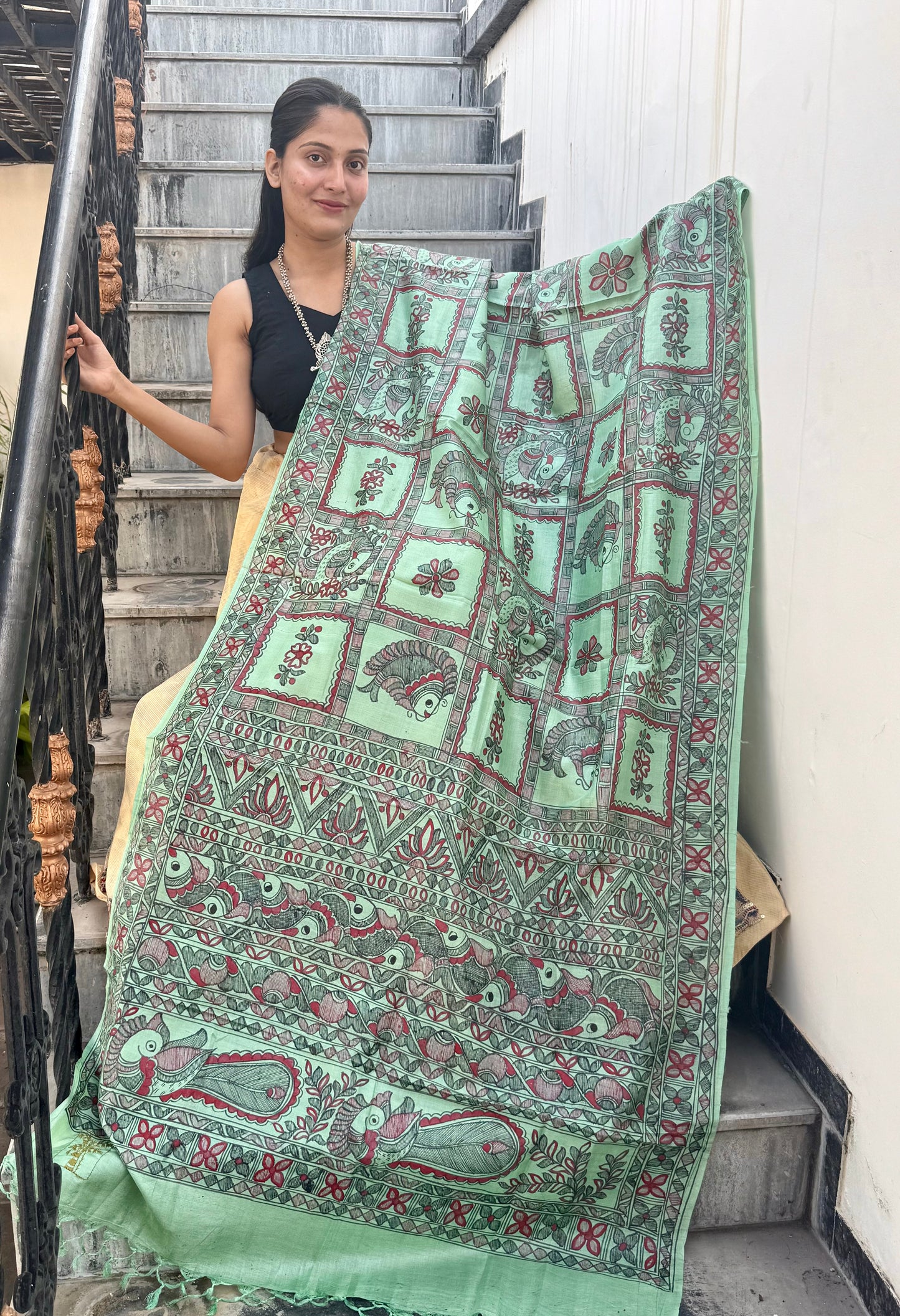 Designer Madhubani Hand Painted Kosa Silk Dupatta from Bihar