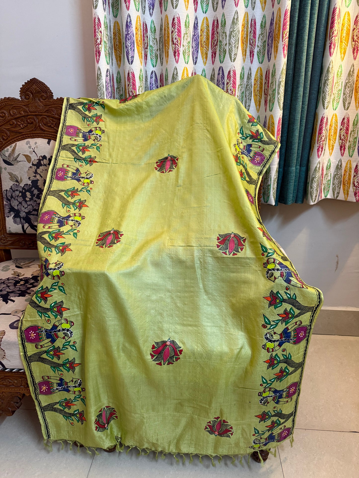 Designer Madhubani Hand Painted Kosa Silk Dupatta from Bihar