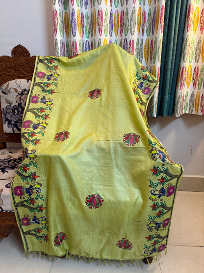 Designer Madhubani Hand Painted Kosa Silk Dupatta from Bihar