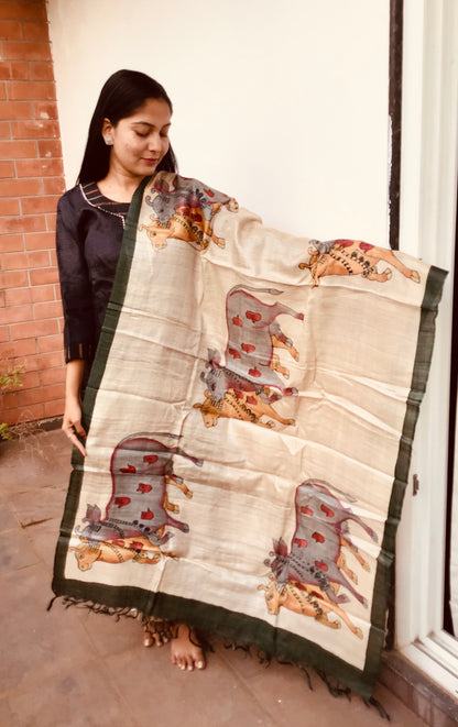 MULTIPLE COLOUR PICHWAI HAND BLOCK PAINTING OF NATHDWAR ON DESI TUSSAR SILK