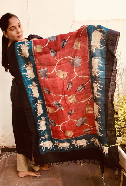 MULTIPLE COLOUR PICHWAI HAND BLOCK PAINTING OF NATHDWAR ON DESI TUSSAR SILK