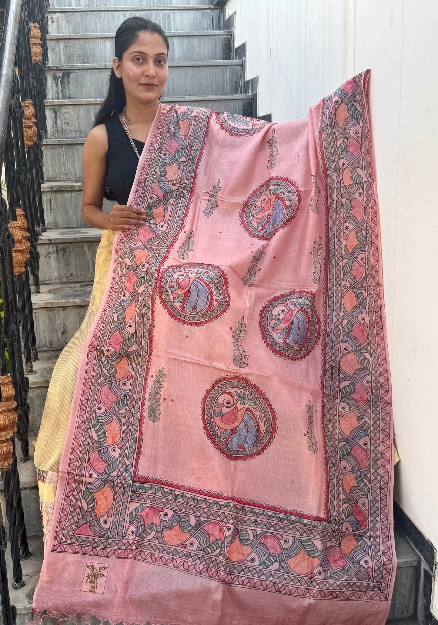 Designer Madhubani Hand Painted Kosa Silk Dupatta from Bihar