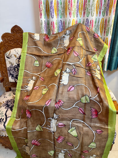 MULTIPLE COLOUR PICHWAI HAND BLOCK PAINTING OF NATHDWAR ON DESI TUSSAR SILK