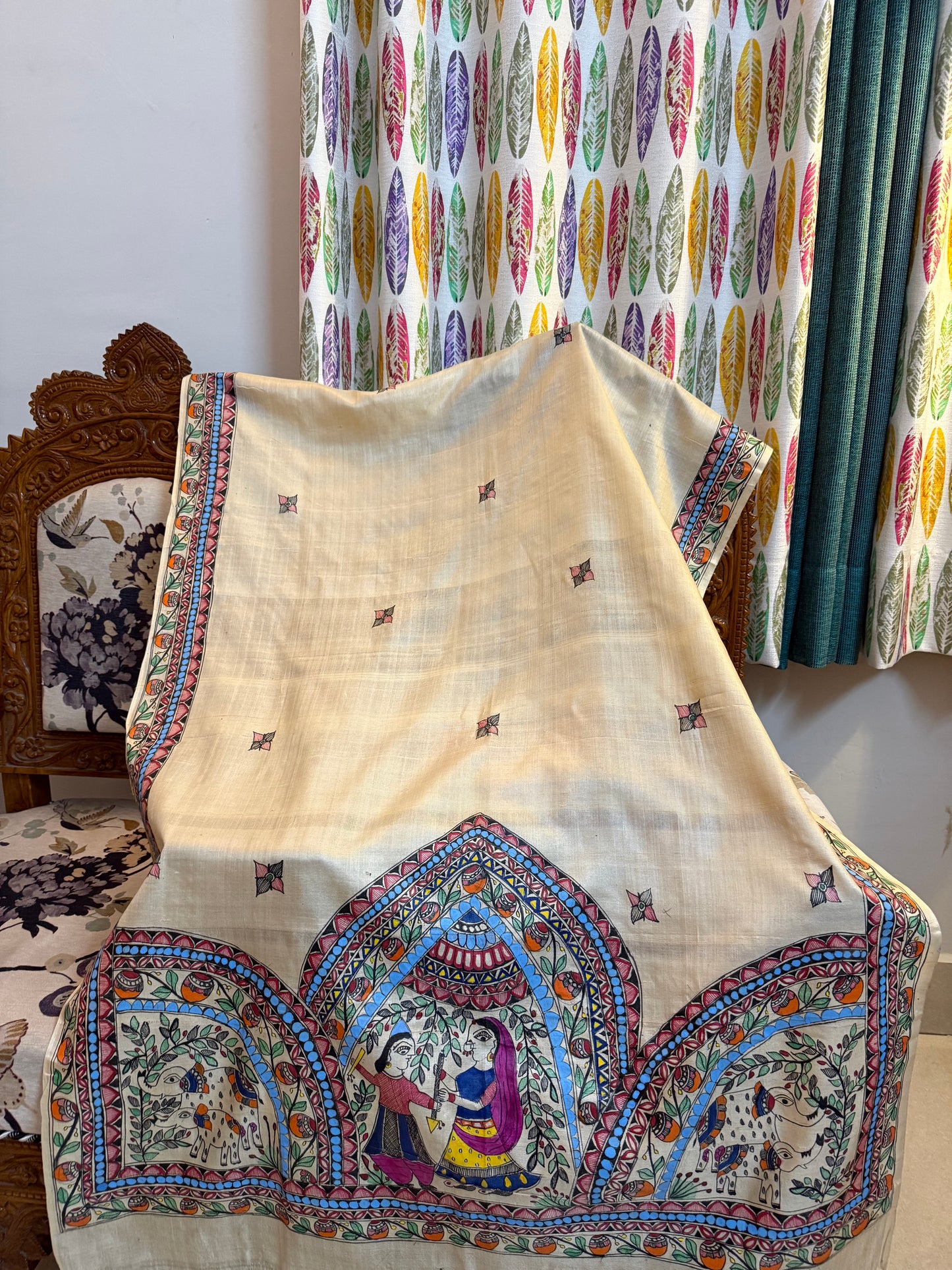Designer Madhubani Hand Painted Kosa Silk Dupatta from Bihar
