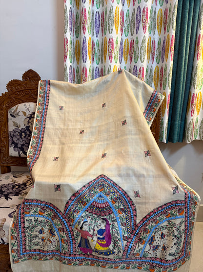 Designer Madhubani Hand Painted Kosa Silk Dupatta from Bihar
