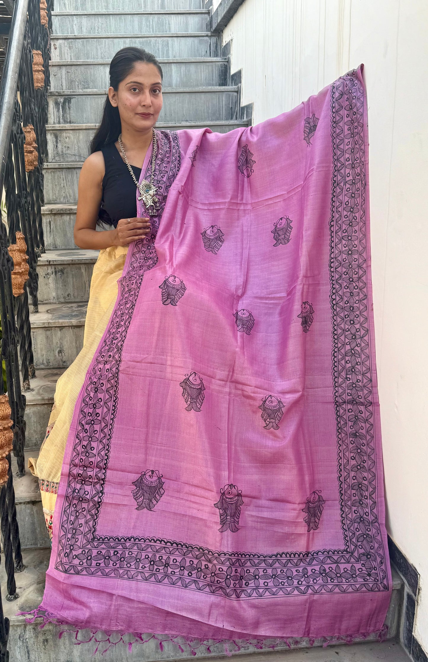 Designer Madhubani Hand Painted Kosa Silk Dupatta from Bihar