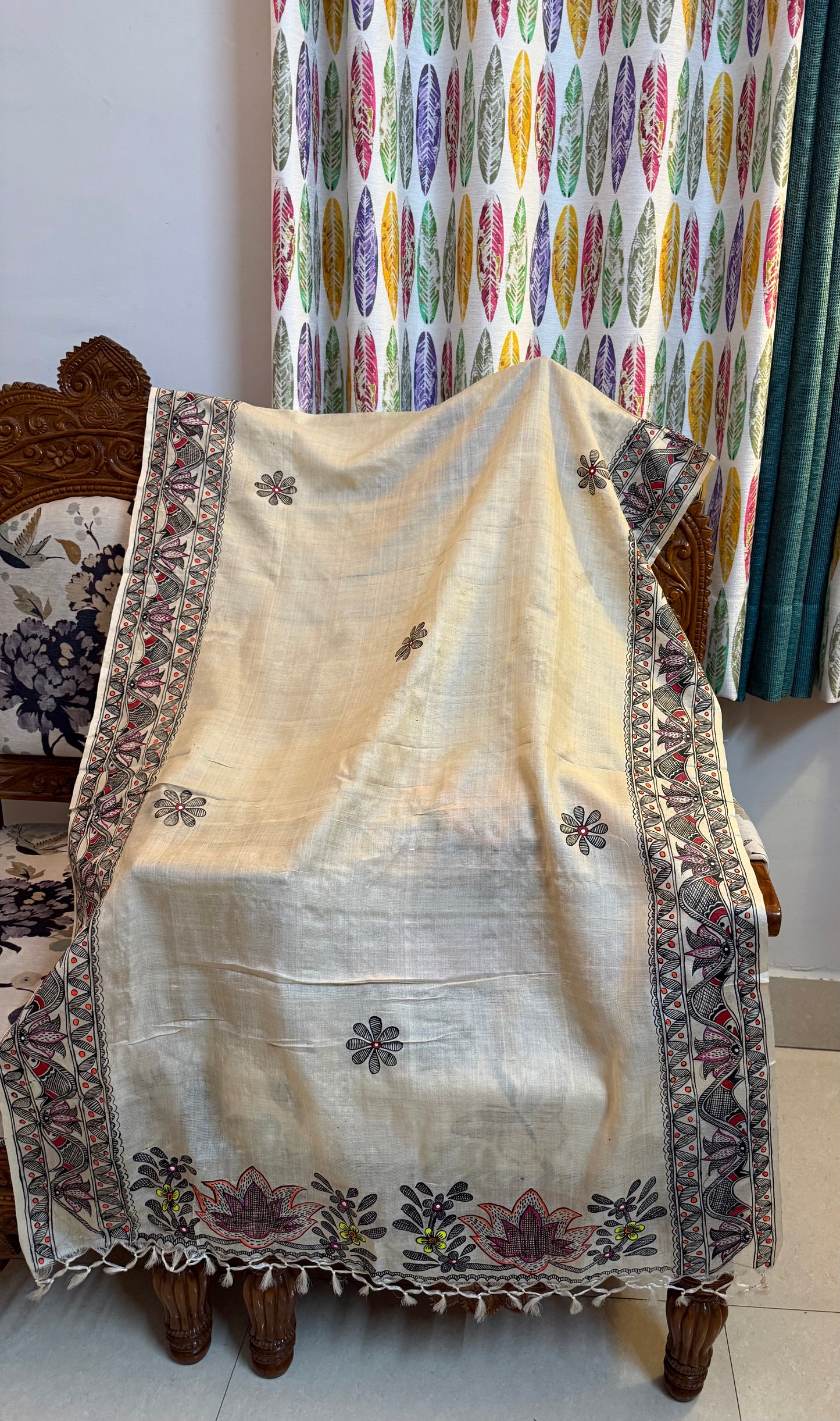 Designer Madhubani Hand Painted Kosa Silk Dupatta from Bihar