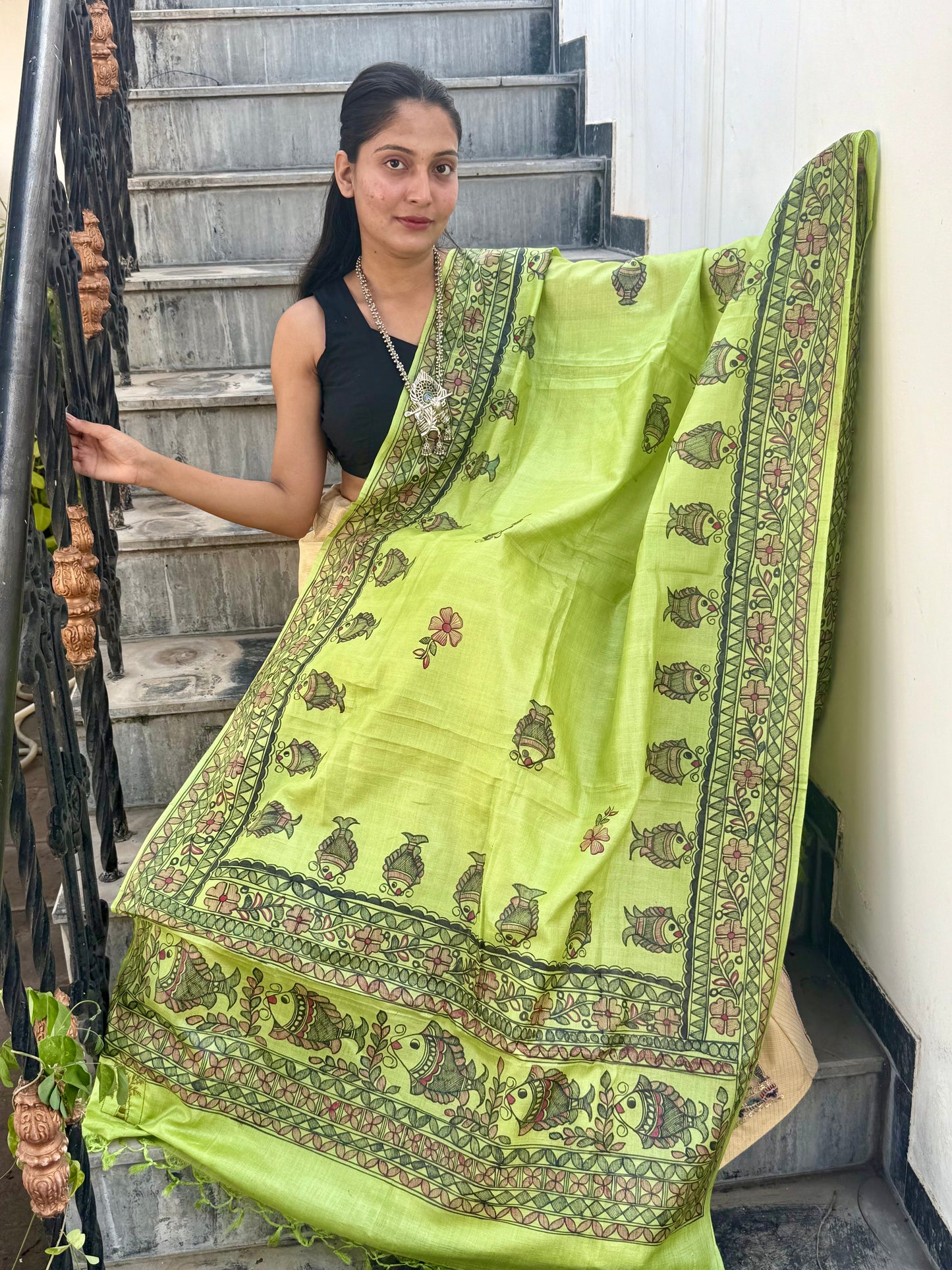Designer Madhubani Hand Painted Kosa Silk Dupatta from Bihar