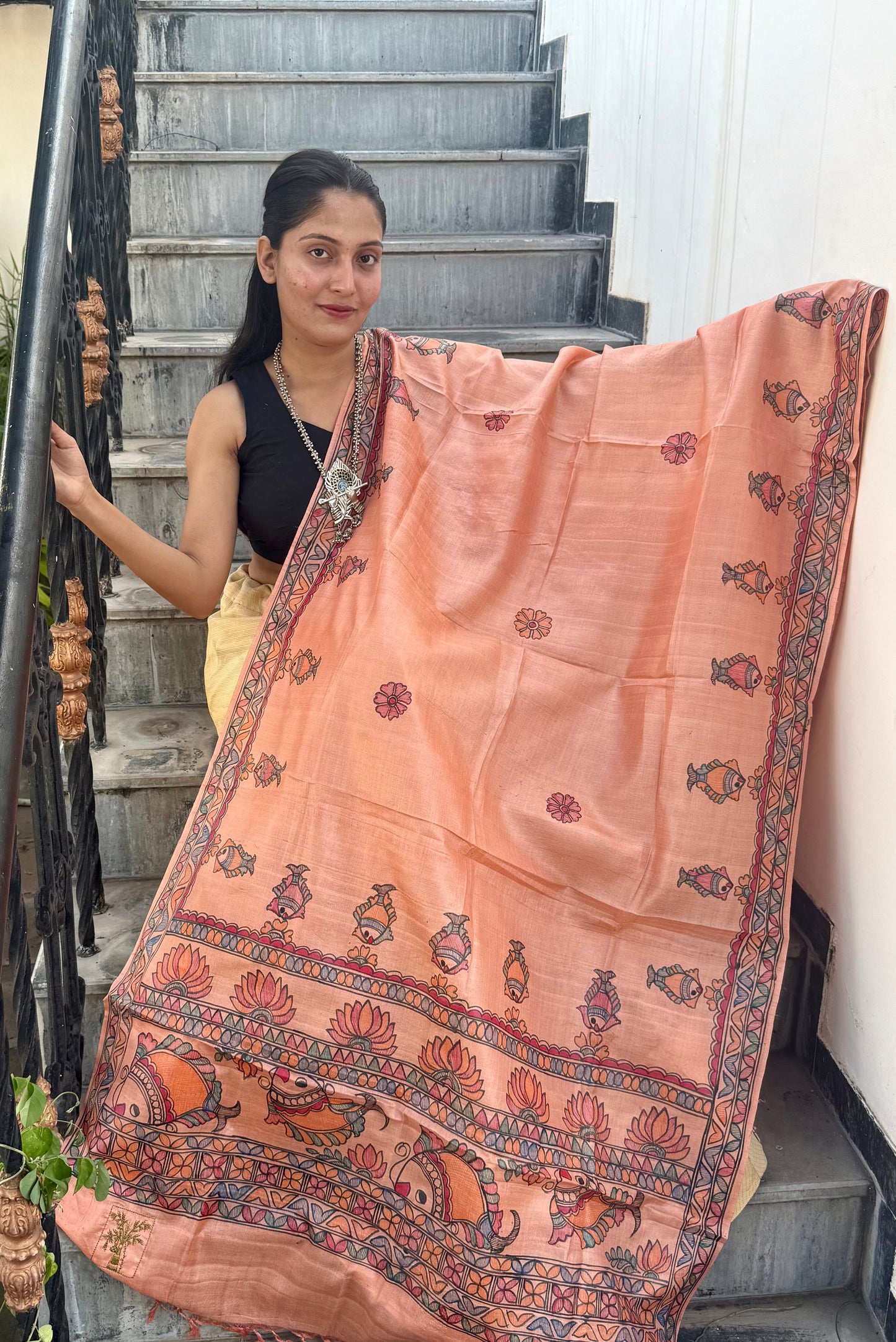 Designer Madhubani Hand Painted Kosa Silk Dupatta from Bihar
