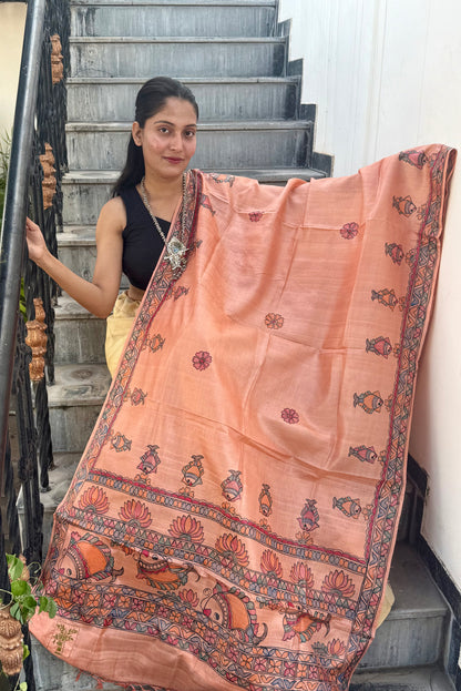 Designer Madhubani Hand Painted Kosa Silk Dupatta from Bihar