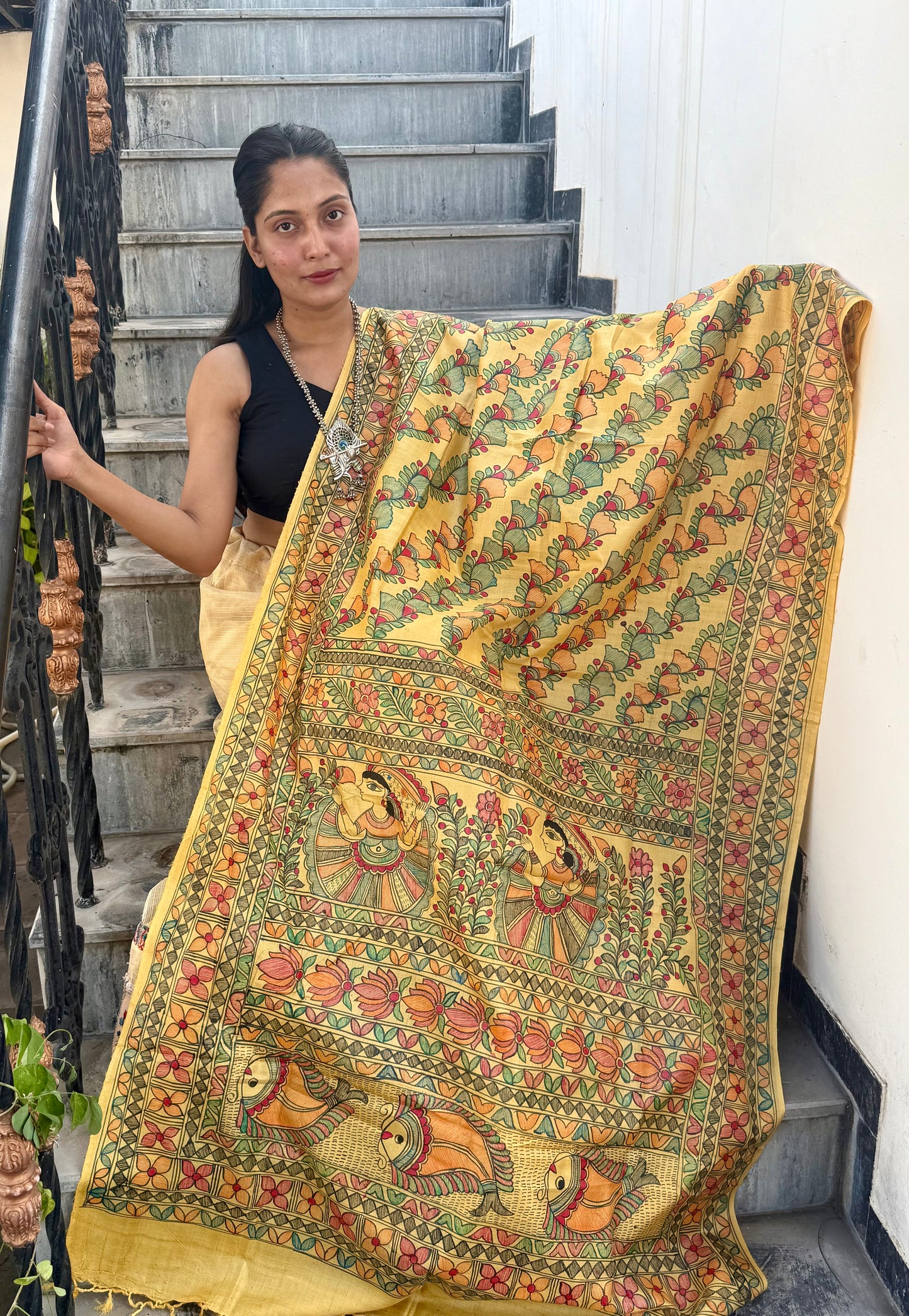Designer Madhubani Hand Painted Kosa Silk Dupatta from Bihar