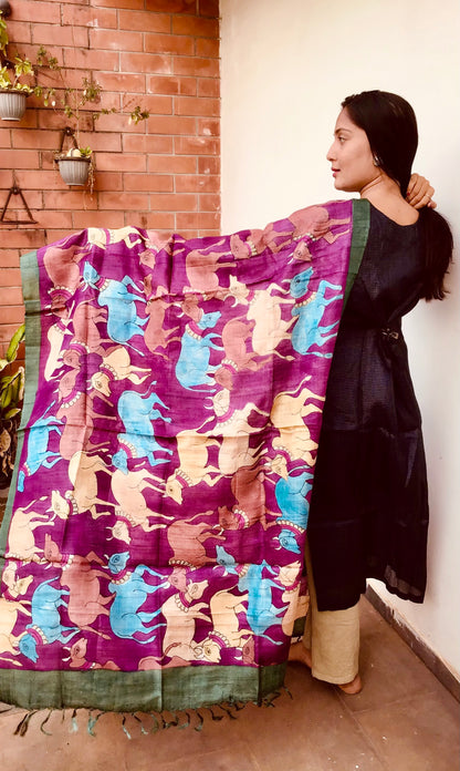 MULTIPLE COLOUR PICHWAI HAND BLOCK PAINTING OF NATHDWAR ON DESI TUSSAR SILK