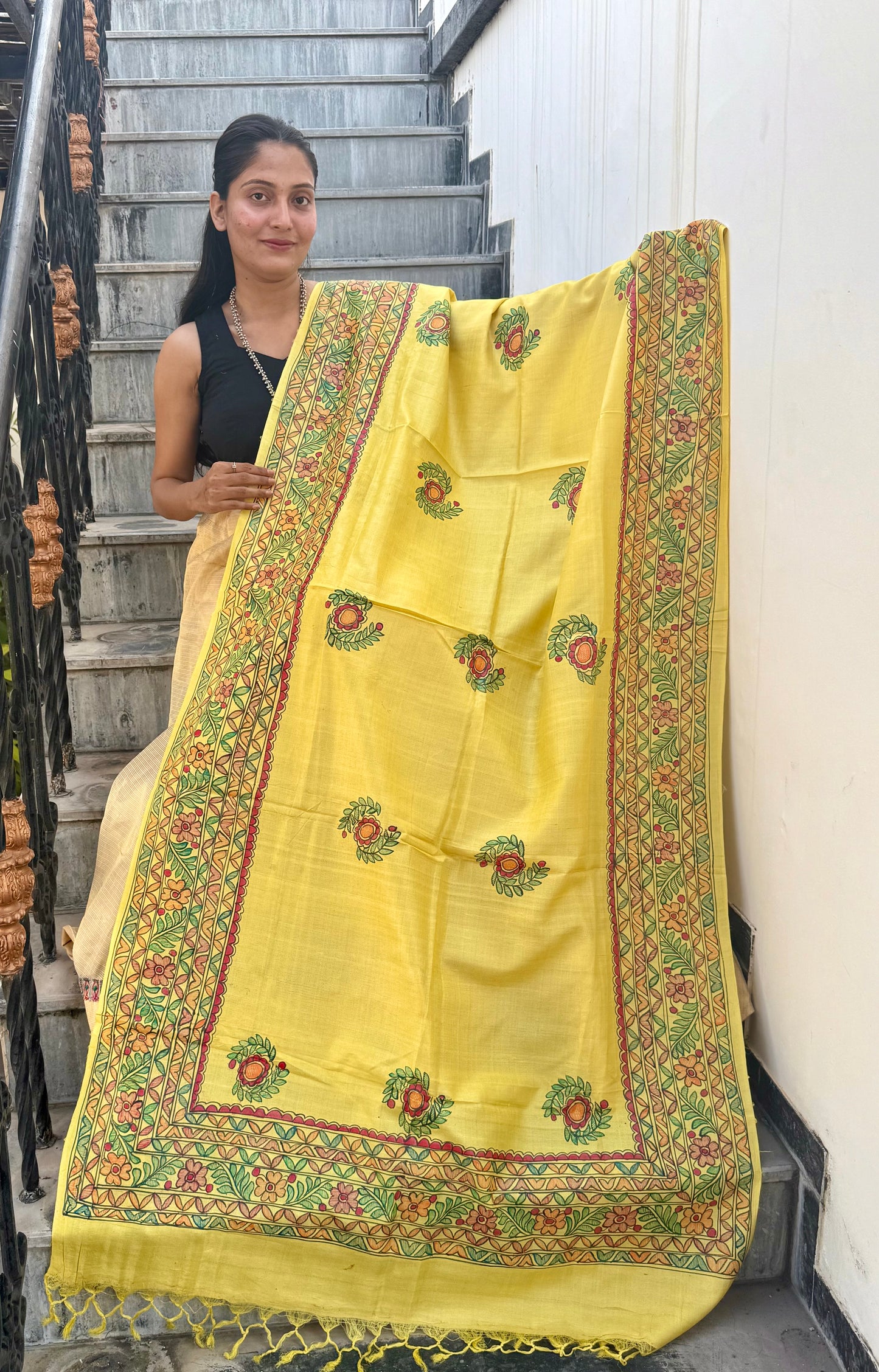 Designer Madhubani Hand Painted Kosa Silk Dupatta from Bihar