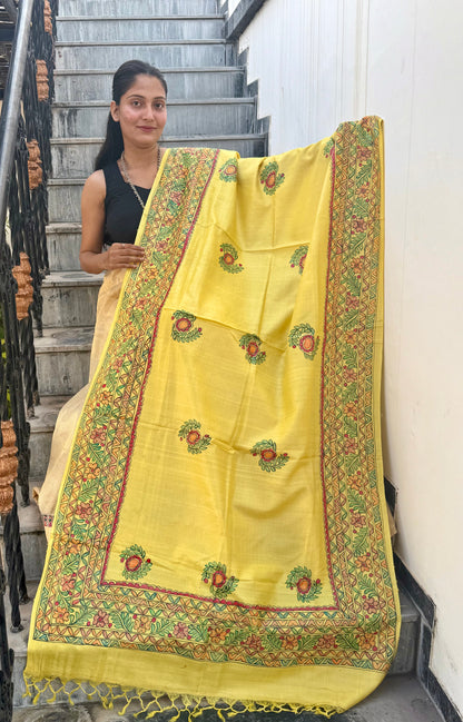 Designer Madhubani Hand Painted Kosa Silk Dupatta from Bihar