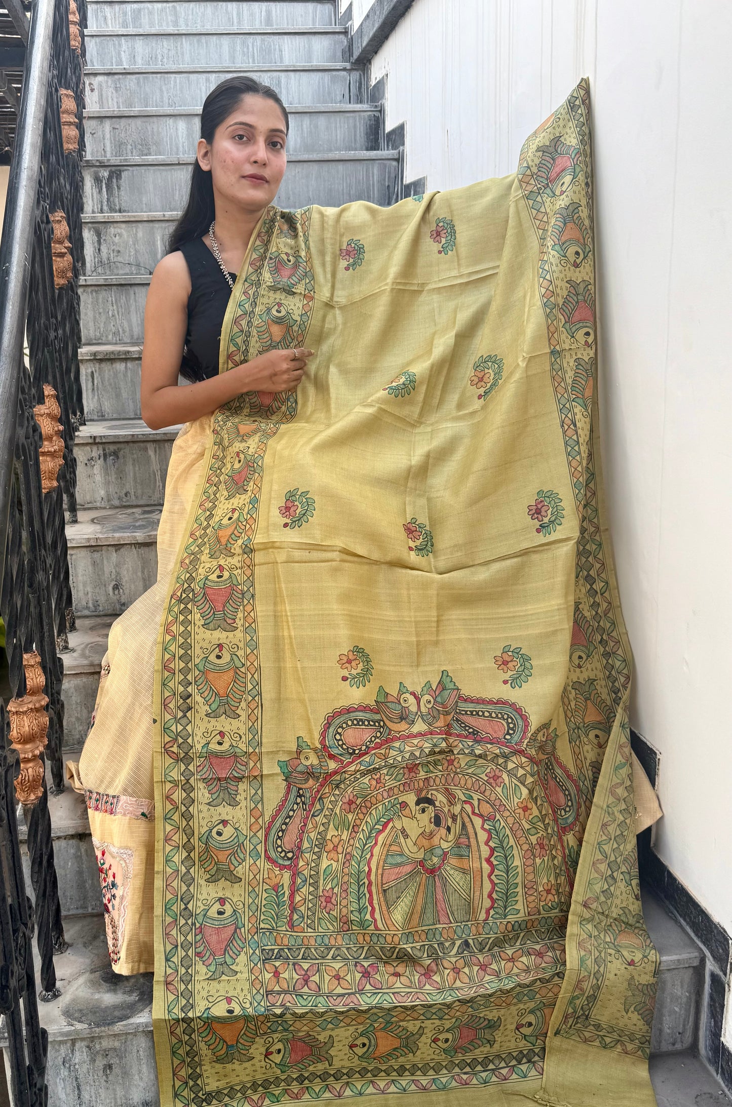 Designer Madhubani Hand Painted Kosa Silk Dupatta from Bihar