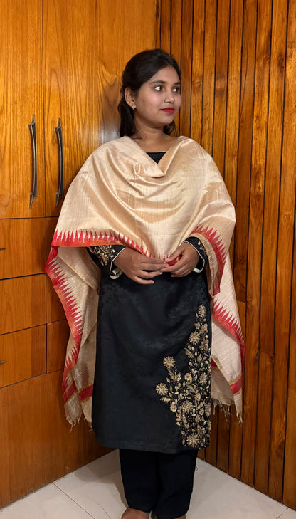 Pure Kosa Dupion Silk Dupatta with Temple Border