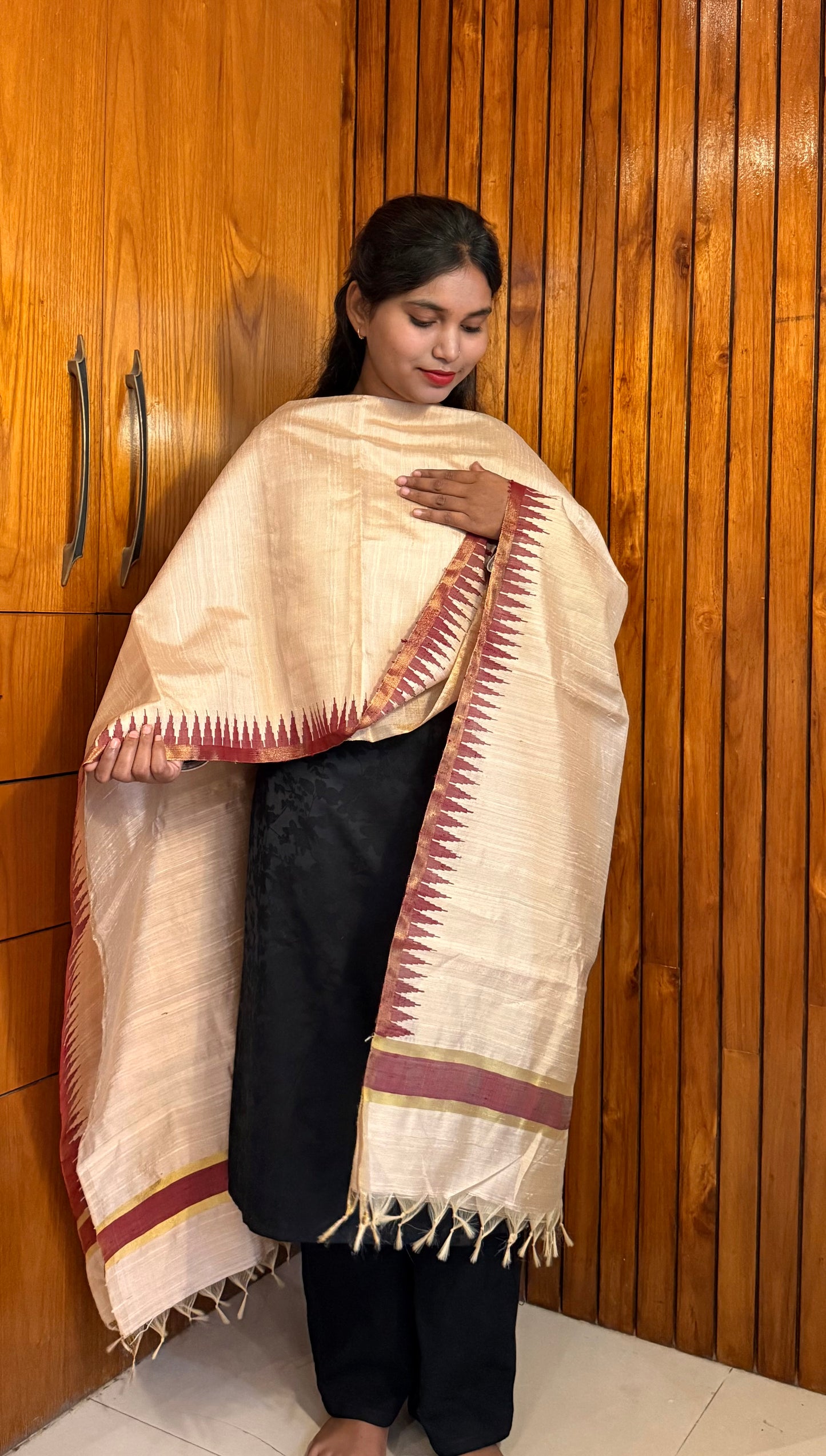 Pure Kosa Dupion Silk Dupatta with Temple Border