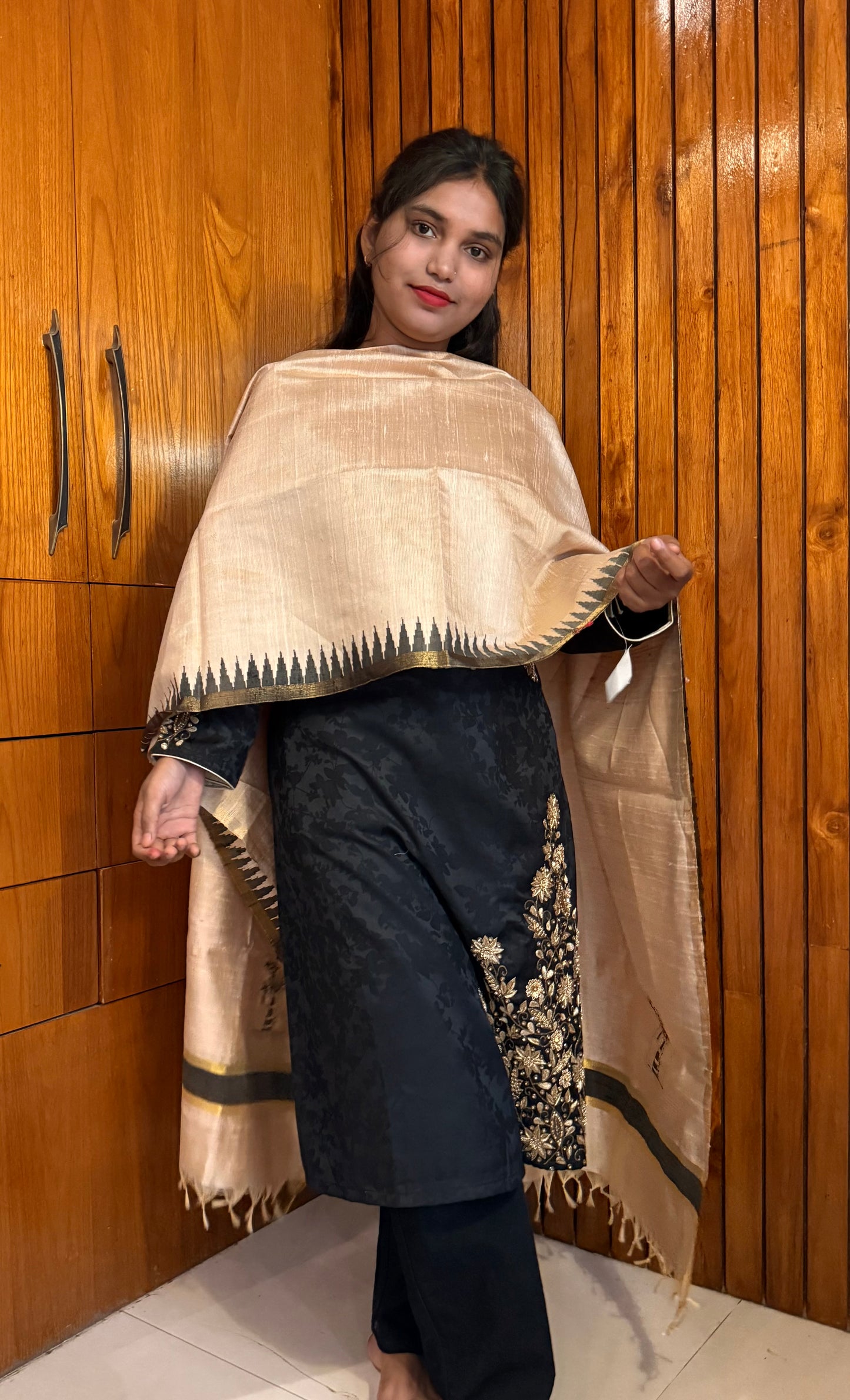 Pure Kosa Dupion Silk Dupatta with Temple Border