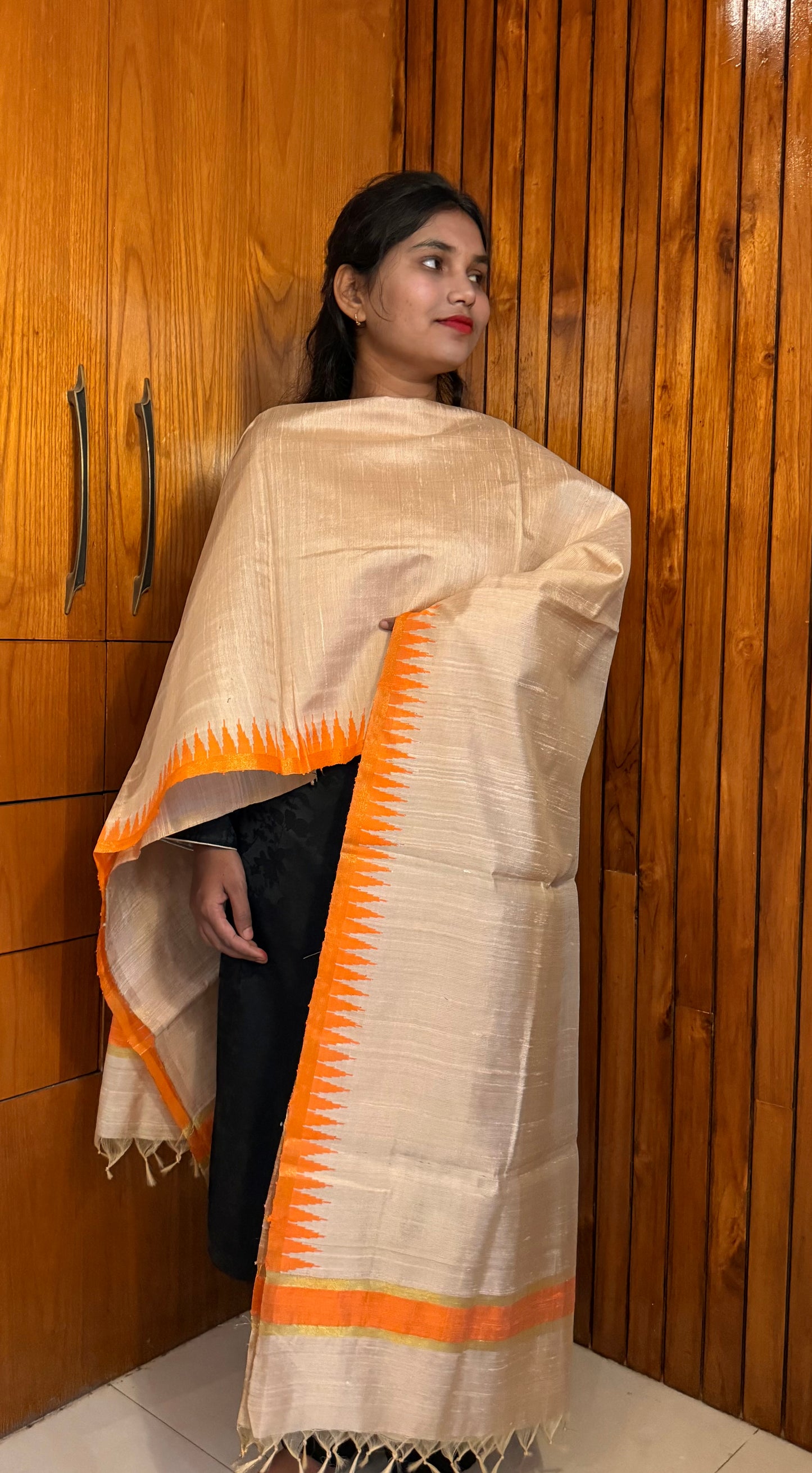 Pure Kosa Dupion Silk Dupatta with Temple Border