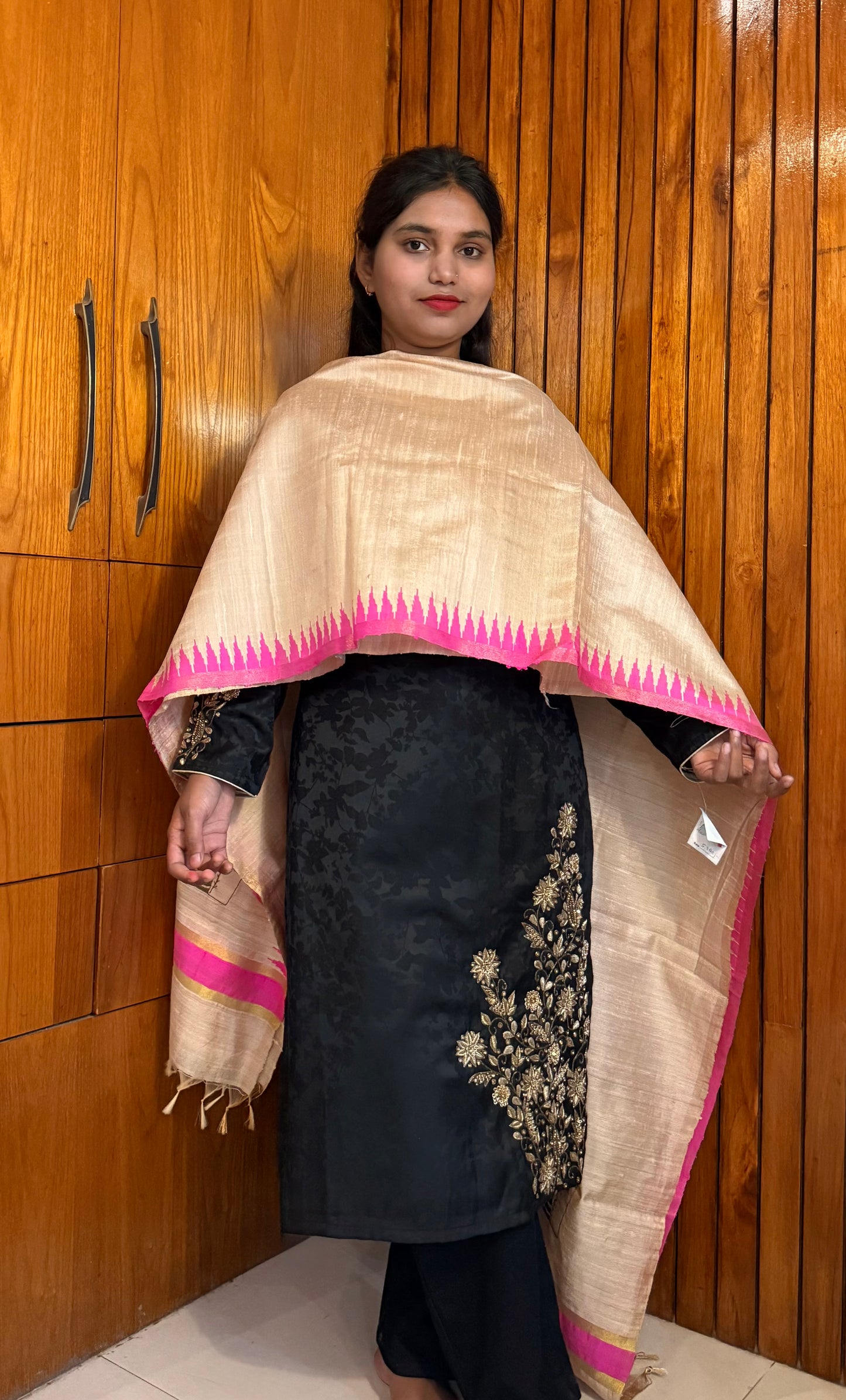 Pure Kosa Dupion Silk Dupatta with Temple Border