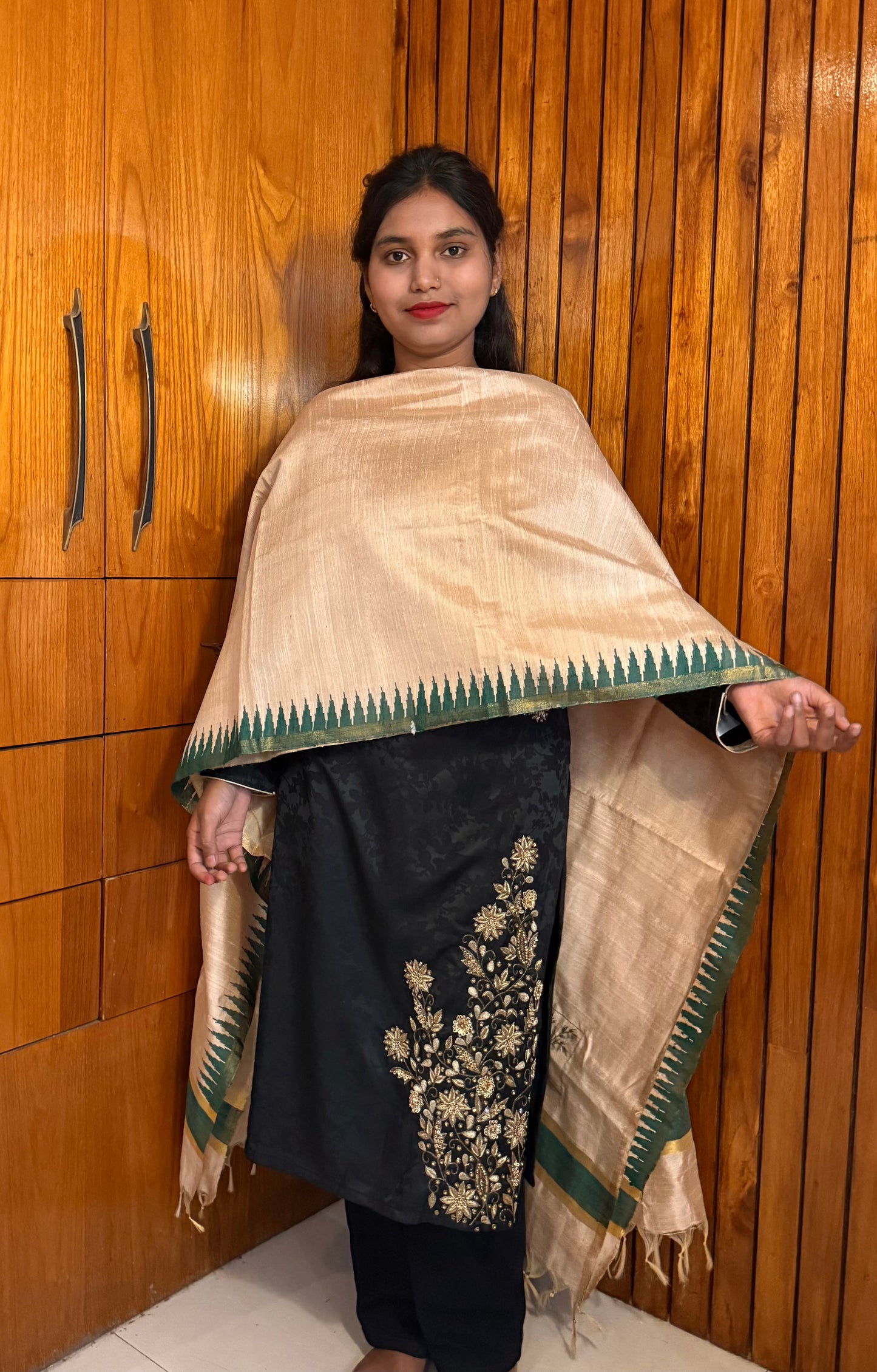 Pure Kosa Dupion Silk Dupatta with Temple Border