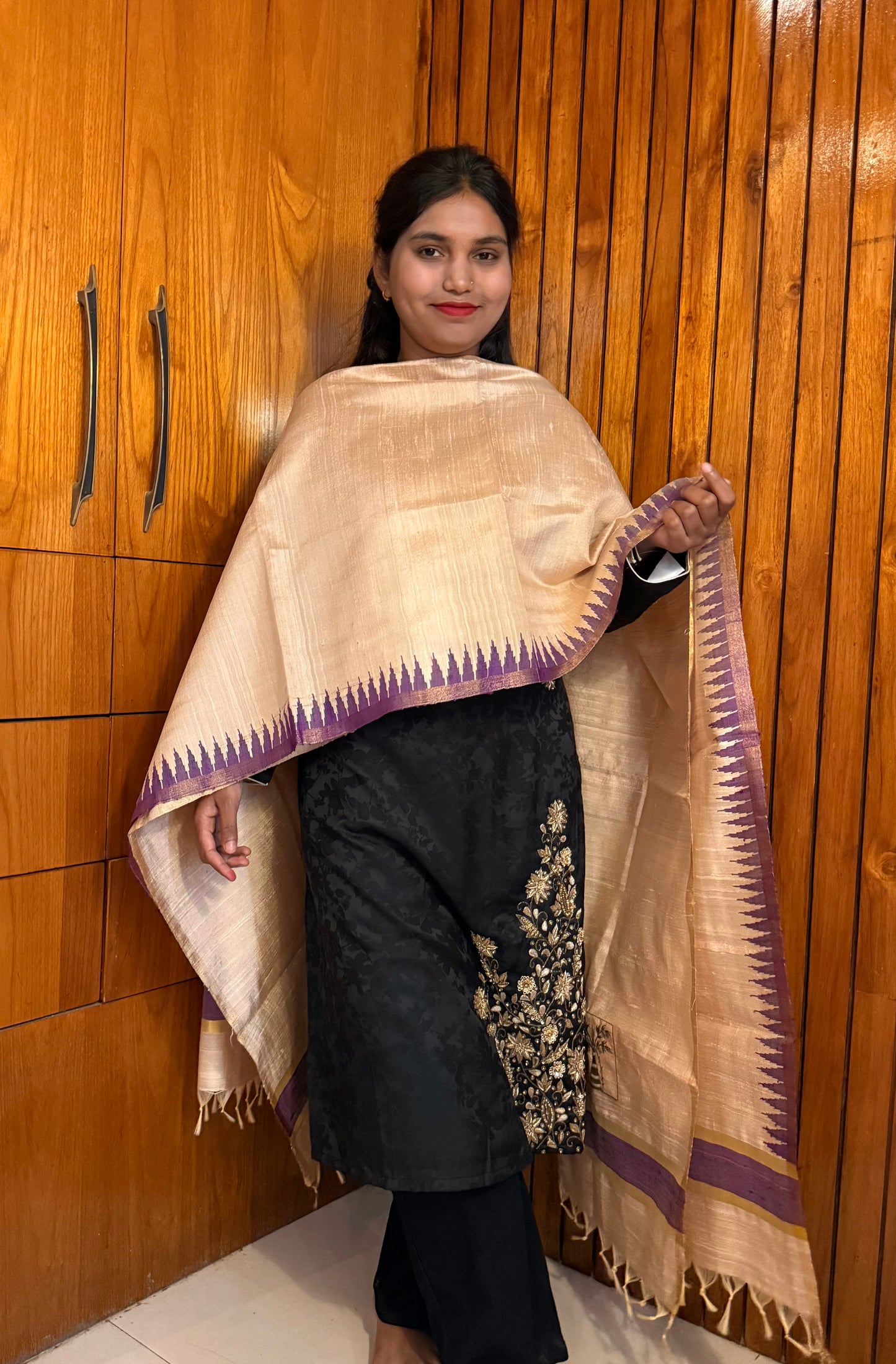 Pure Kosa Dupion Silk Dupatta with Temple Border