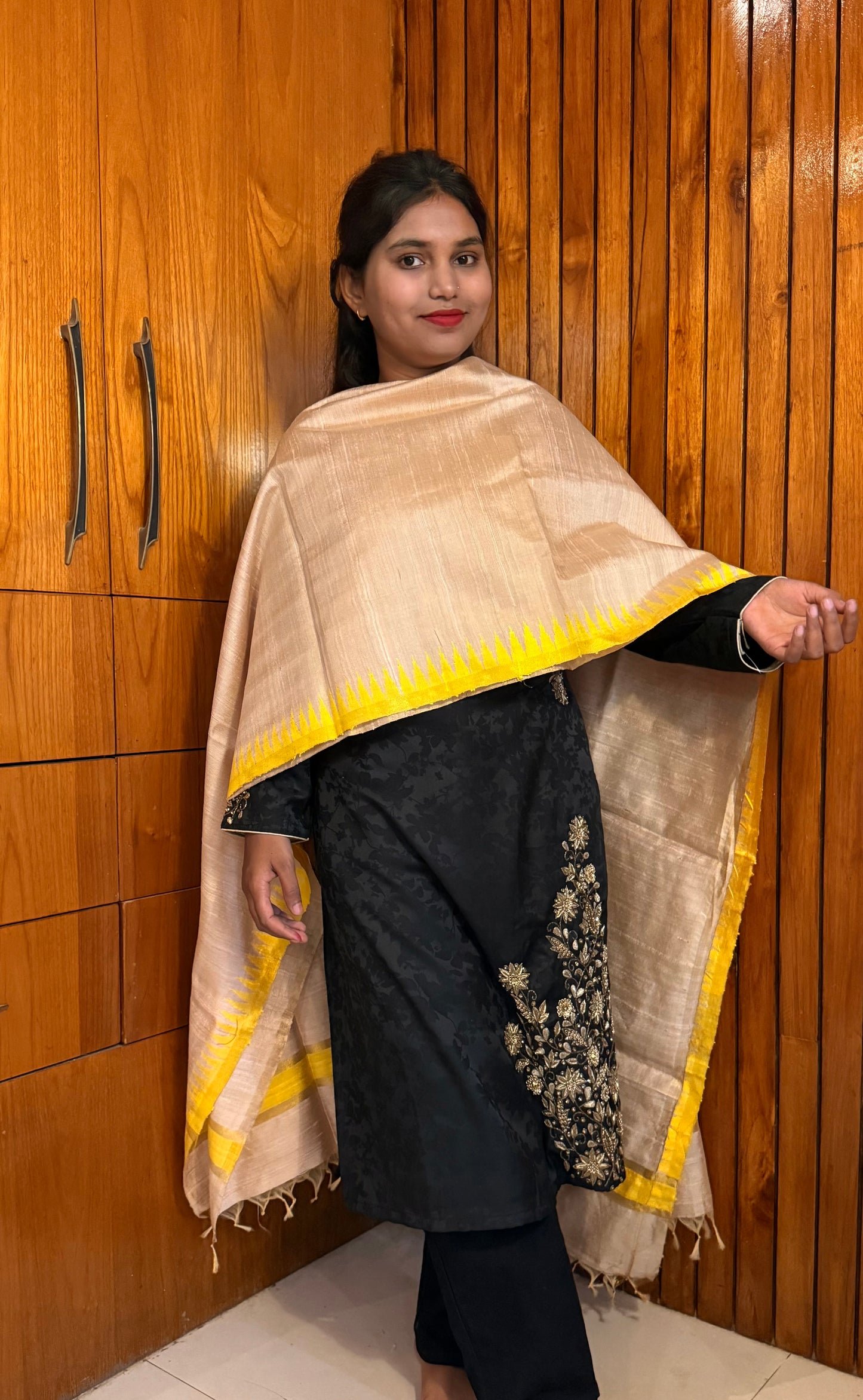 Pure Kosa Dupion Silk Dupatta with Temple Border