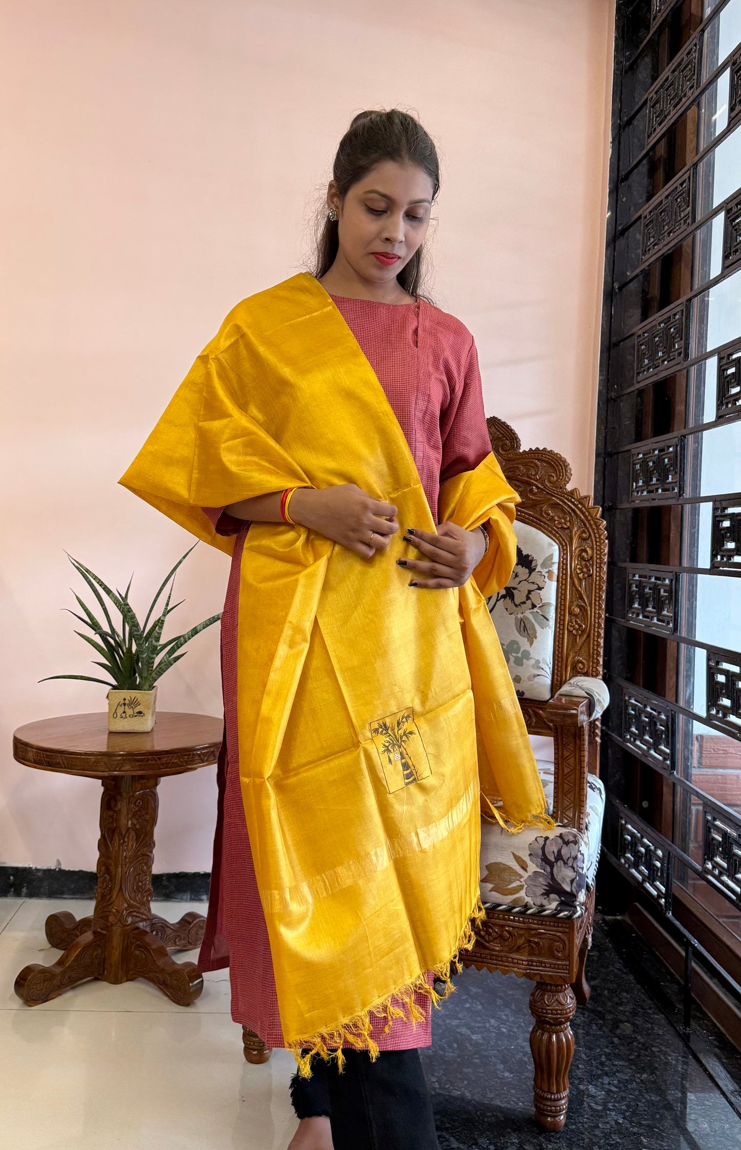 Pure Kosa Silk Dupatta with Golden Zari Border