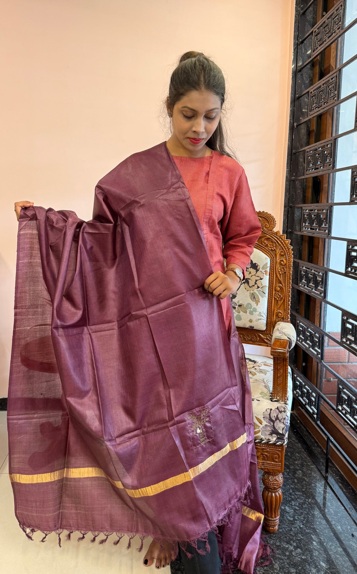 Pure Kosa Silk Dupatta with Golden Zari Border