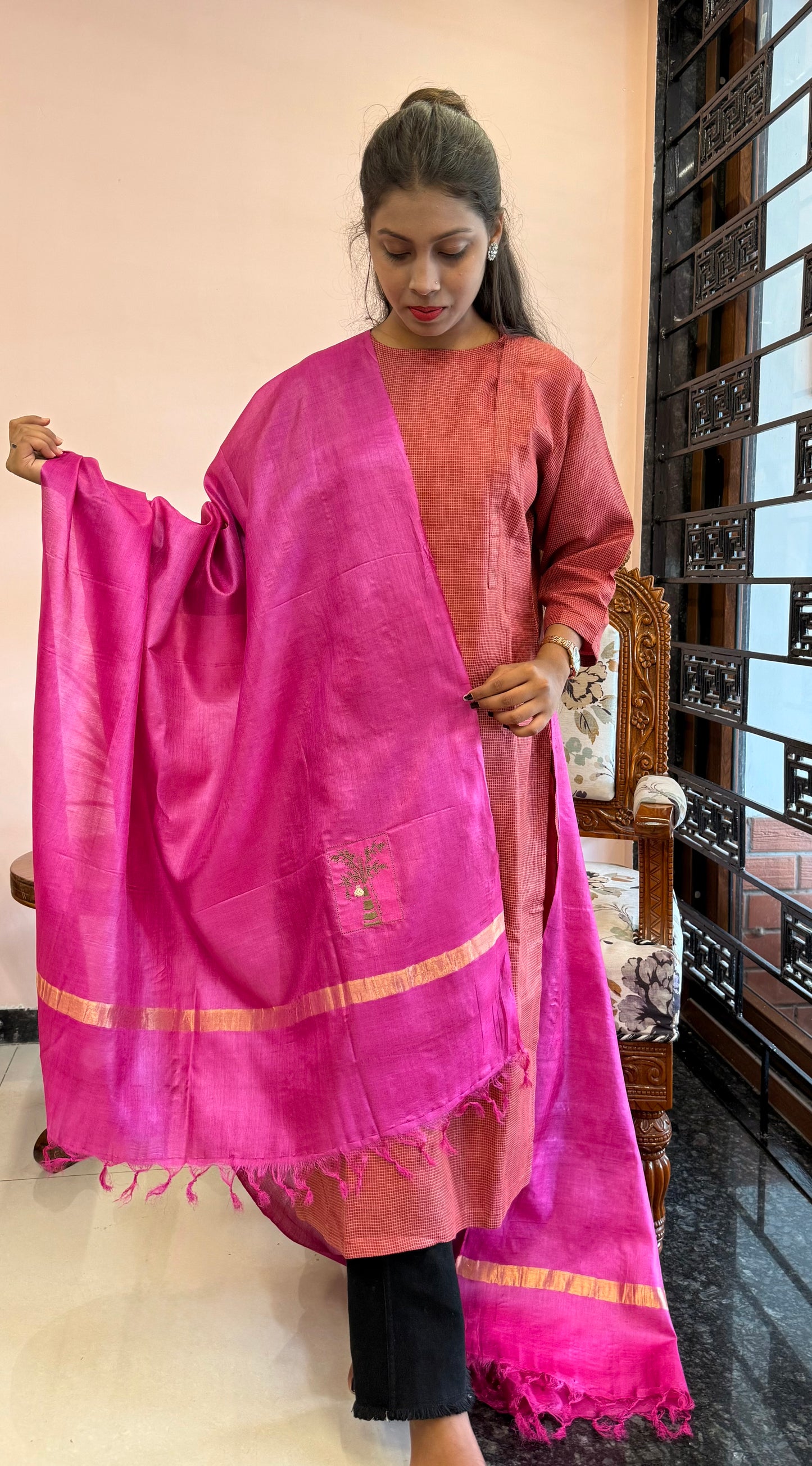 Pure Kosa Silk Dupatta with Golden Zari Border